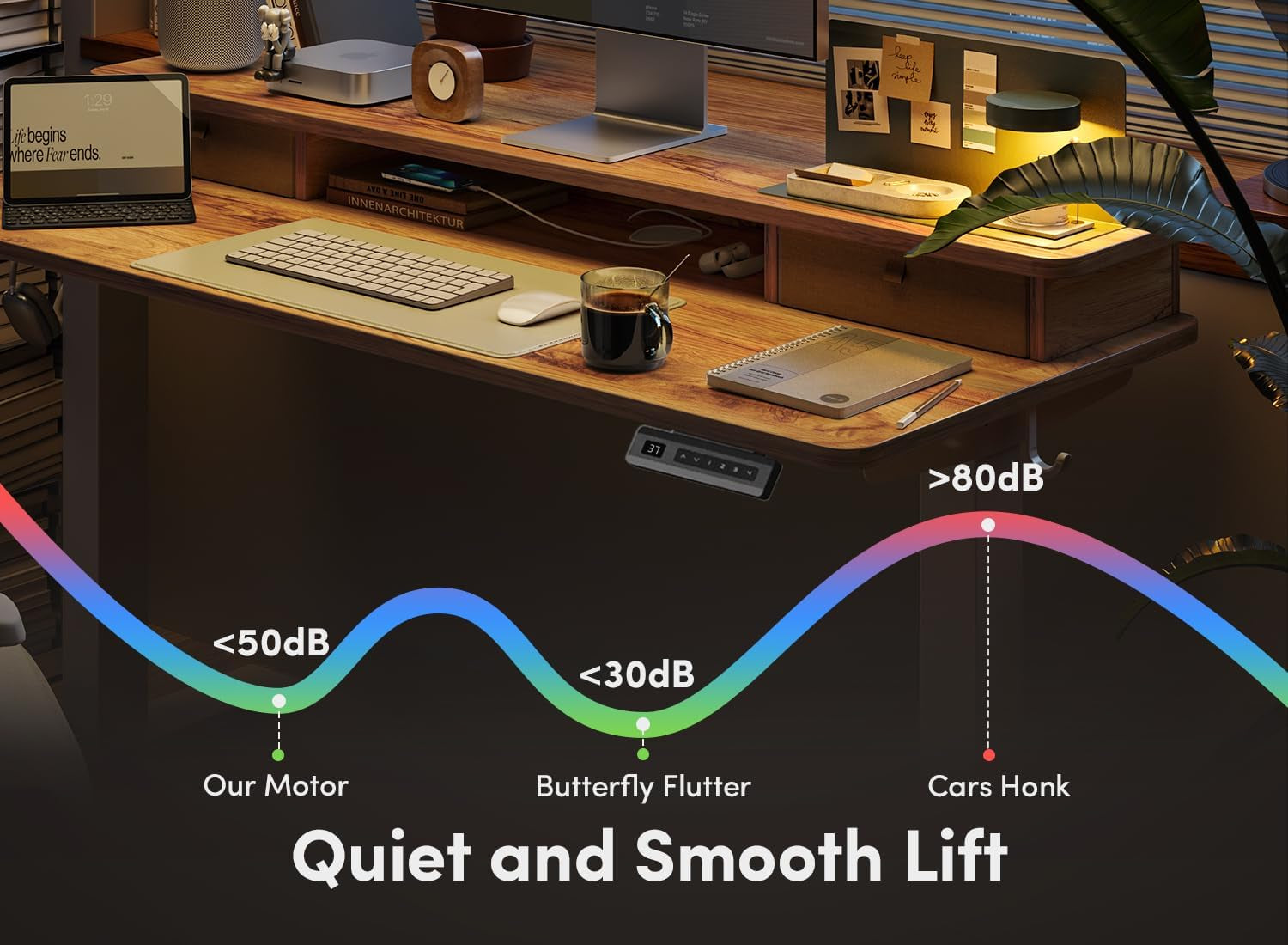 40 X 24 Inch Height Adjustable Electric Standing Desk with Double Drawer, Computer Desk, Home Office Stand up Table with 4 Height-Adjustable Feets & 2 Hooks, Light Rustic