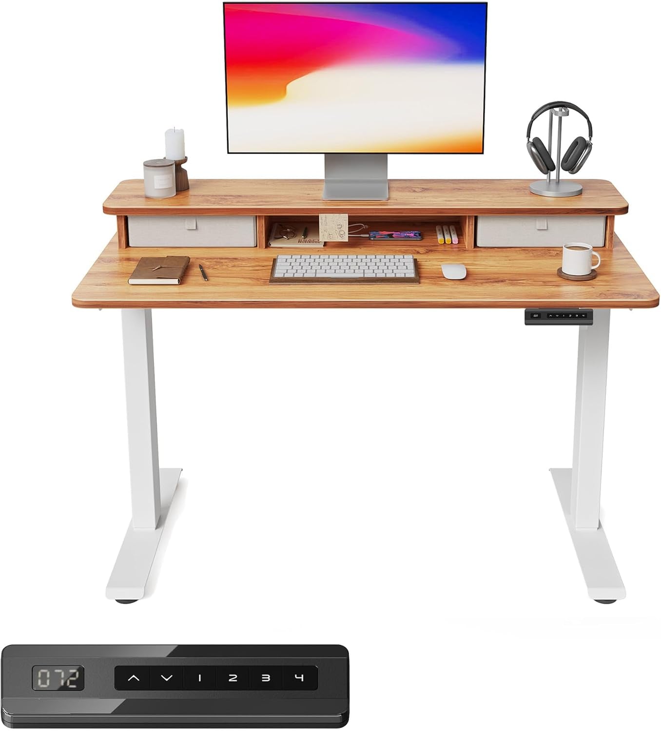 40 X 24 Inch Height Adjustable Electric Standing Desk with Double Drawer, Computer Desk, Home Office Stand up Table with 4 Height-Adjustable Feets & 2 Hooks, Light Rustic