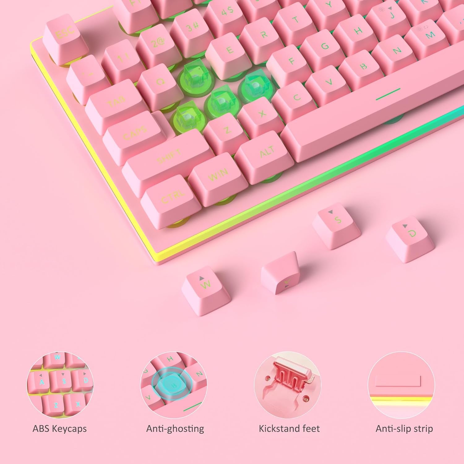 GT838 Gaming Keyboard and Mouse Combo, 104 Keys RGB Backlit Quiet Wired Keyboards for Laptop PC MAC, with Number Pad, Metal Panel, Anti-Ghosting, Pink