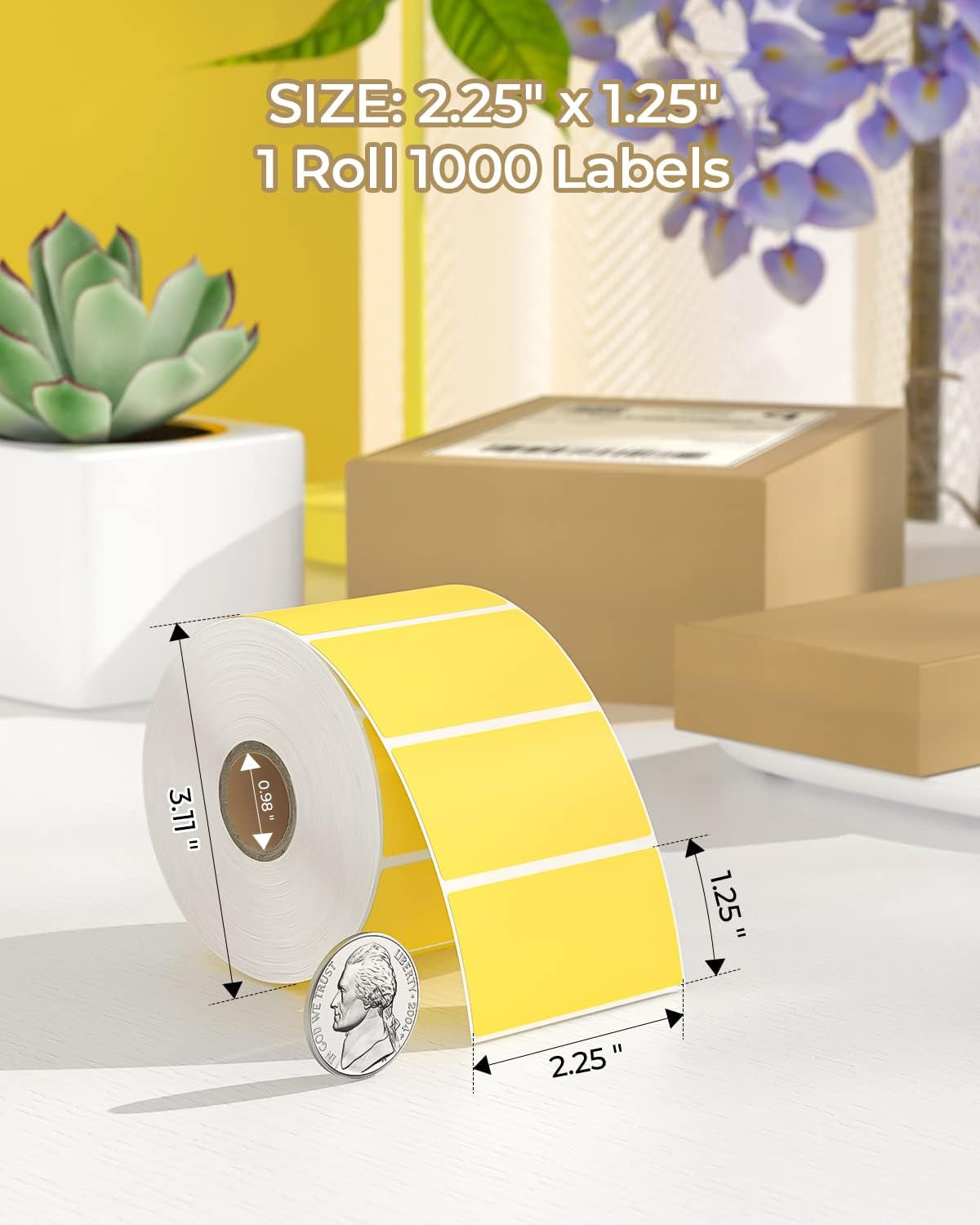 2.25"X1.25" Thermal Sticker Labels, Yellow Self-Adhesive Barcode Label Paper for Direct Thermal Printer and Business, Multi-Purpose Rectangle Address Shipping Mailing Sticker,1000 Sheets/Roll