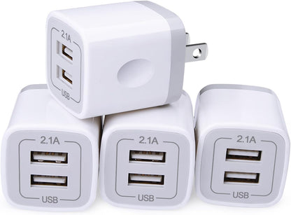 USB Cube Wall Charger, 2 Port Charging Box 4Pack 2.1A/5V Home Travel Plug USB Power Adapter Charging Station Base for Iphone 16E 16 15 14 13 12 11 Pro Max XR XS X 8 7 6 Plus, Ipad, Ipod,Samsung